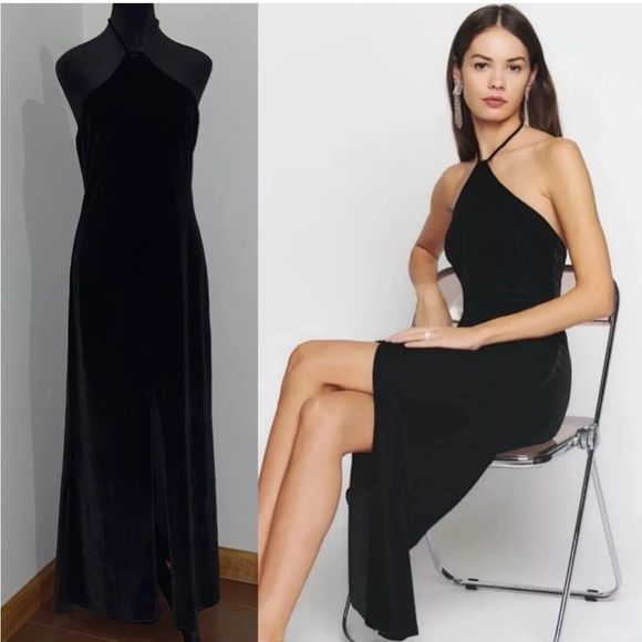Reformation Dresses & Skirts - Reformation- Black Nyla Velvet Halter Dress Backless Thigh High Slit Size Large